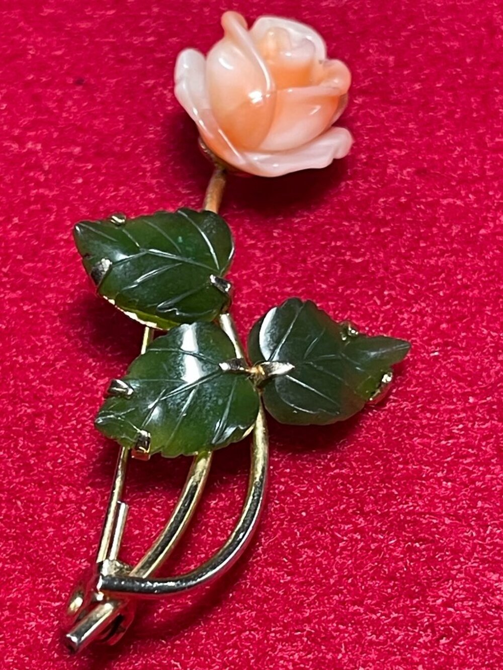 Vintage Flower with Carved Pink Coral Rose and Green Jade Leaves Brooch